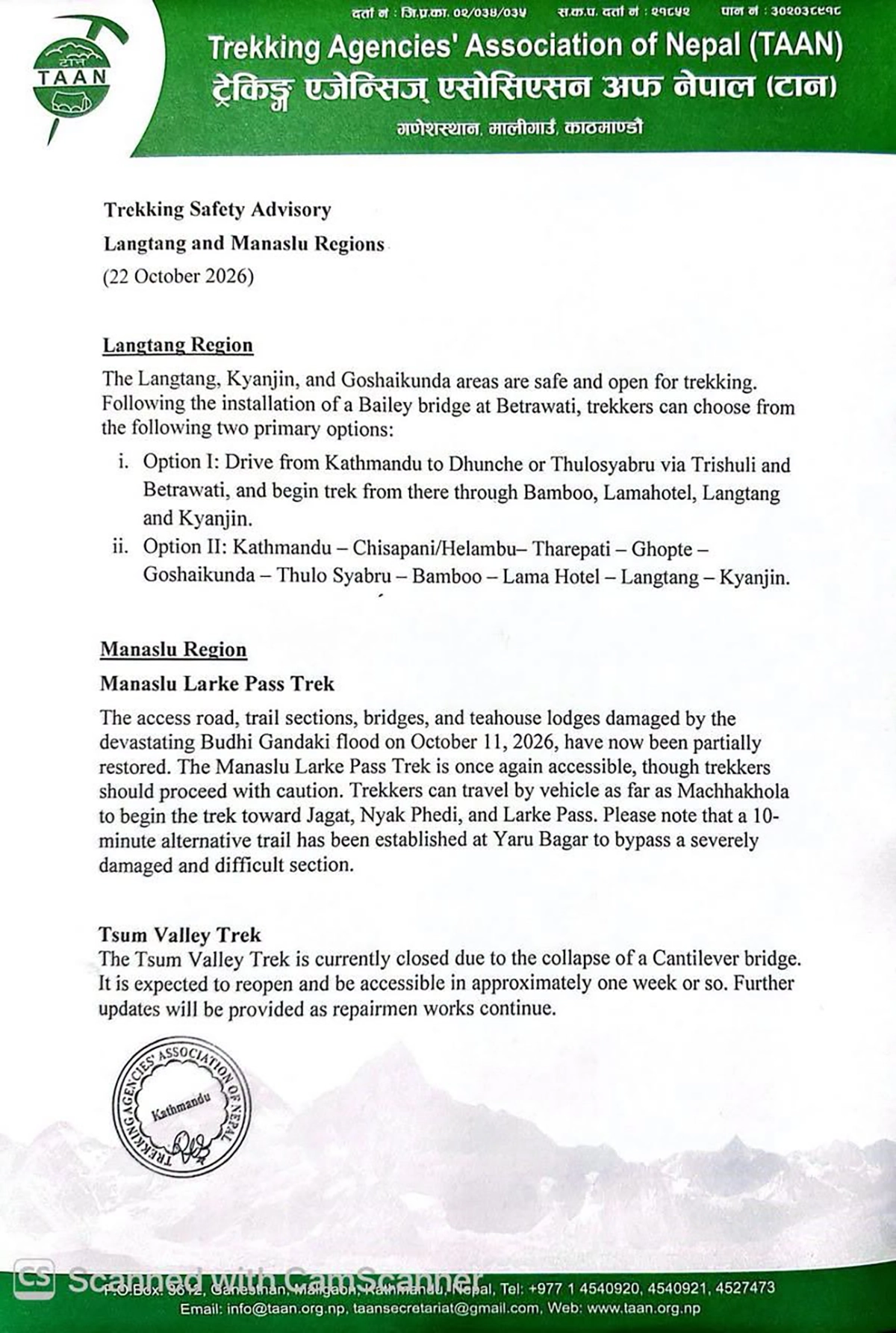 Trail Safty Advisery for Langtang Region
