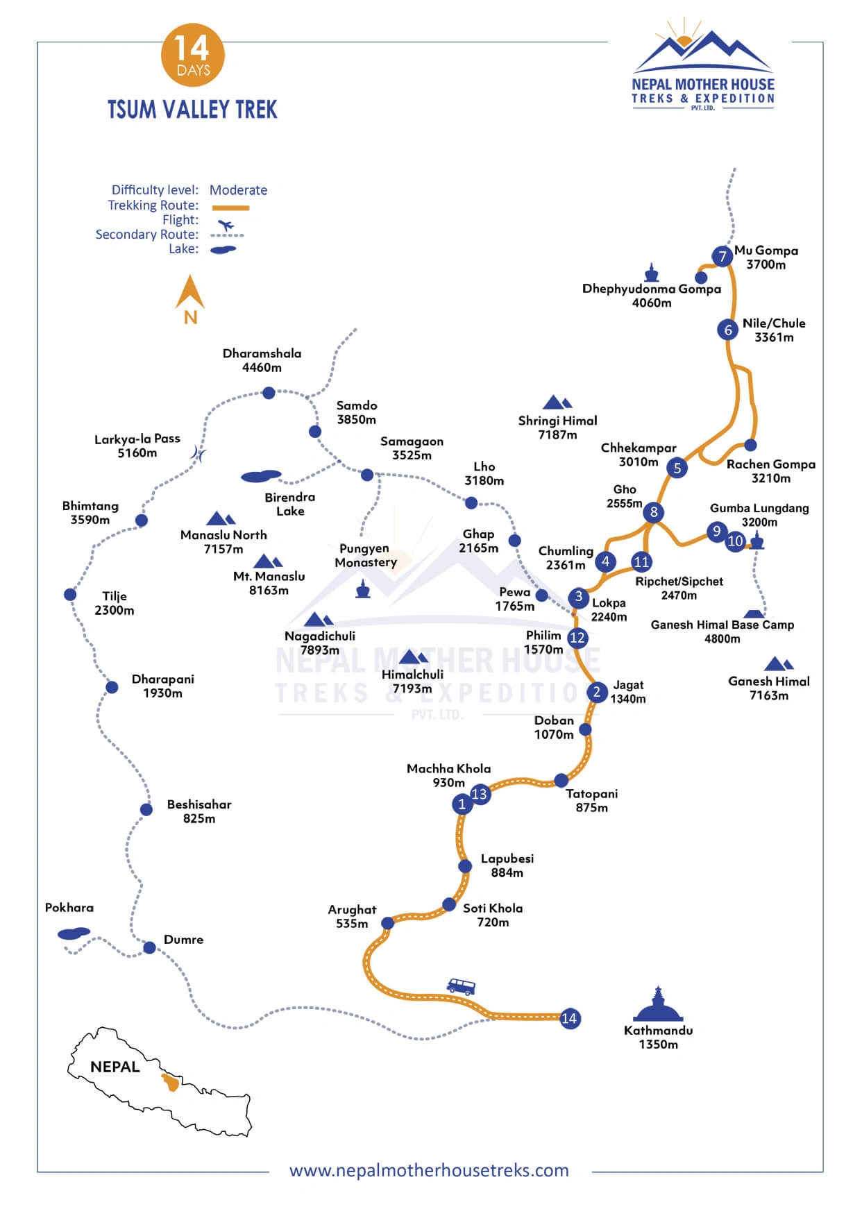 Tsum Valley Trek with Gumba Lungdang Map -14 days