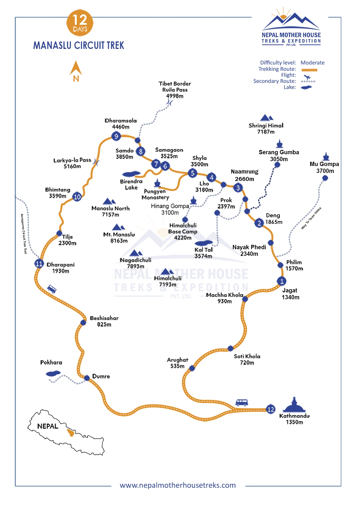 Manaslu Circuit Trek 12 Days Map