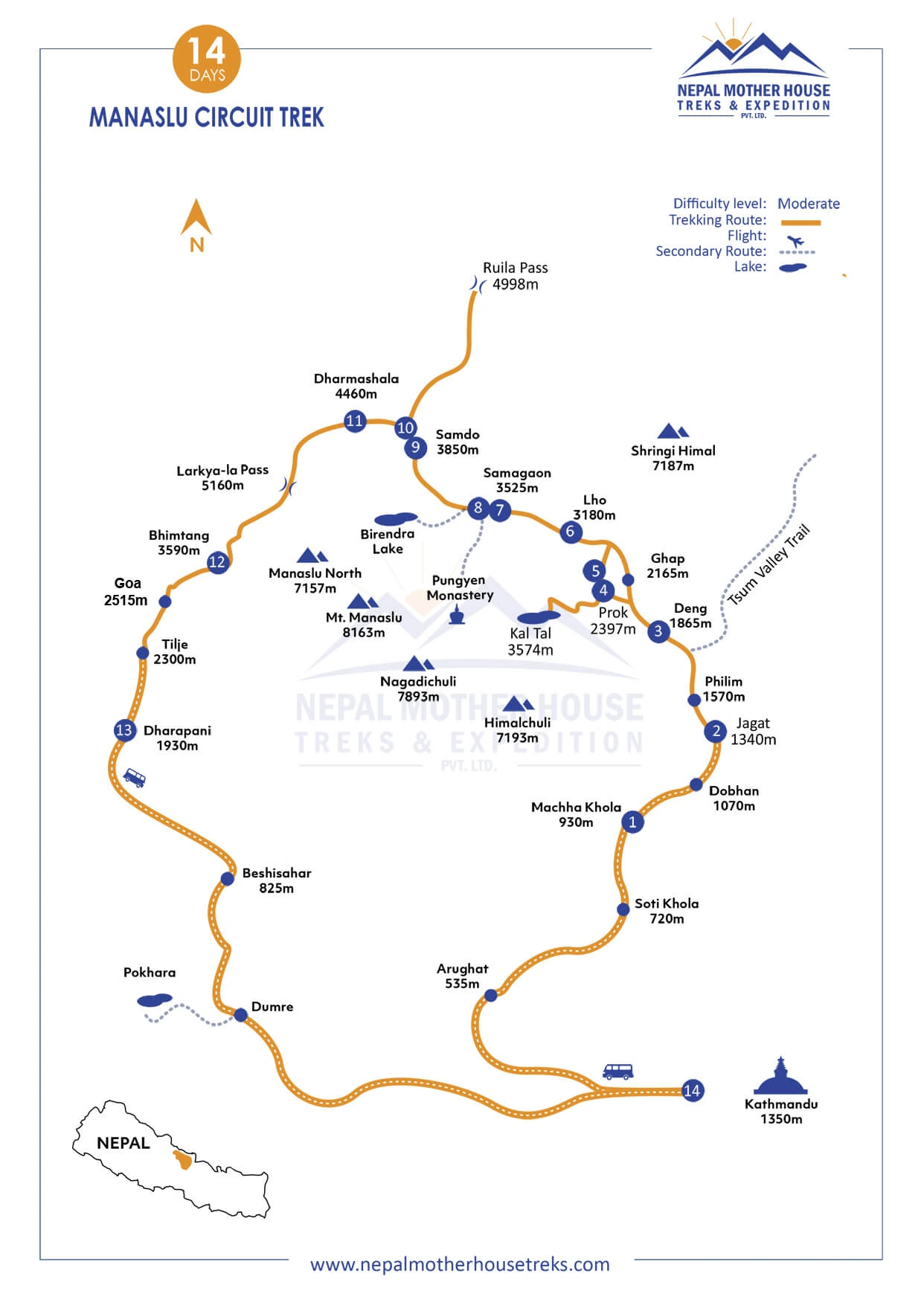Manaslu Circuit Trek with Rui la Pass Tibet map