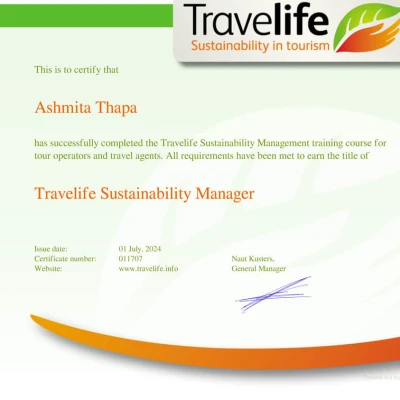 Ashmita Thapa Travel Life Cirtificate