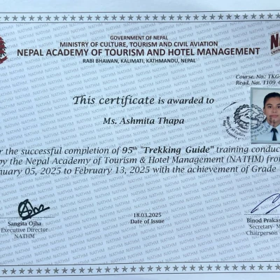 Asmita Thapa Trekking Guide Cirtificate