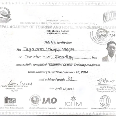Jayram Thapa Magar Trekking Guide Circtificate