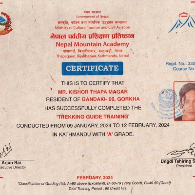 Kishor Thapa Magar Trekking Guide Circtificate