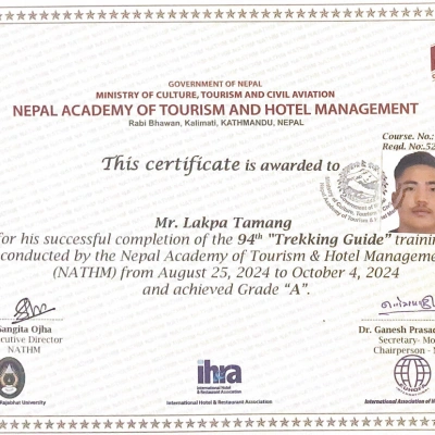 Lakpa Tamang Guide Cirtificate